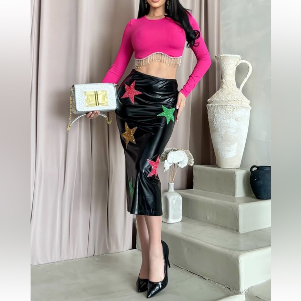 Faux Leather Stretch Skirt With Stars Patches